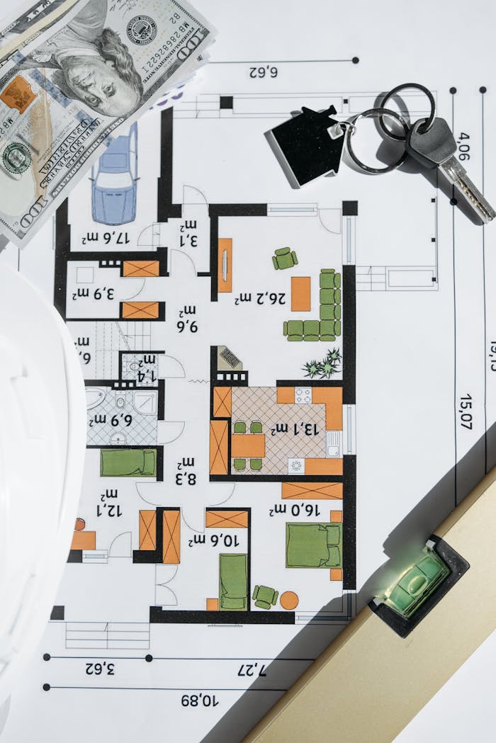 services-03 Overhead view of a house floor plan with keys and cash, symbolizing real estate investment.